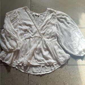 Hollister White V-Neck Peasant Blouse with Lace Trim